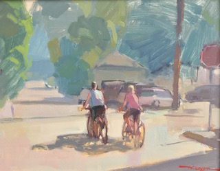 Painting of Bicycle Riders at Stop Sign
