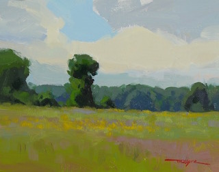 Painting of summer field with yellow flowers.