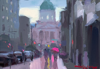 Indianapolis Painting of Indiana State House and People with Umbrellas