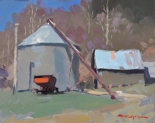 Early Spring Barnyard Painting with Silo and Tin Roofs