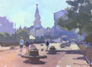 Lafayette Indiana Painting of People on Myers Pedestrian Bridge with Lafayette Skyline in Background