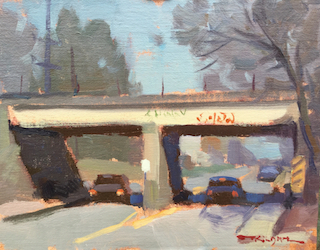 Painting of cars driving underneath an underpass