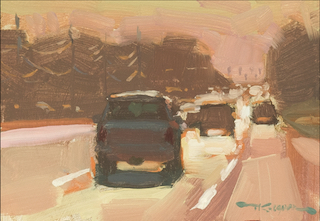 Painting of cars driving towards the sun