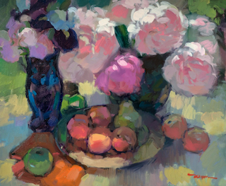 Oudoor Still Life painting of Peonies and Fruit