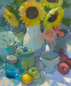 Outdoor Still Life Painting of Sunflowers with Fruit
